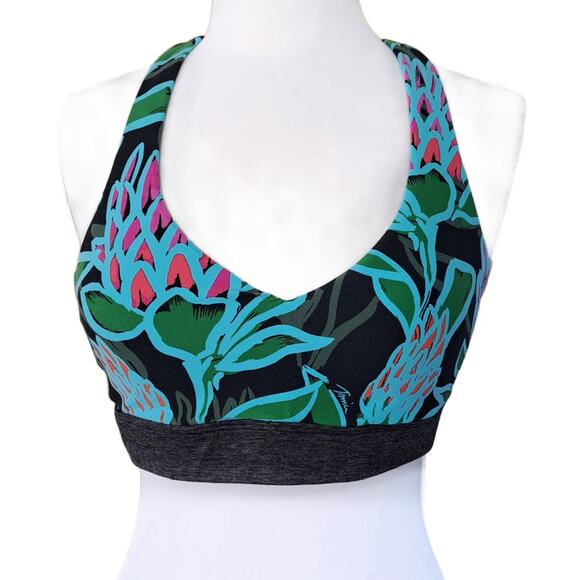 Trina Turk Sports Bra Size Large Racerback Bright Floral Gray Pink Aqua - Picture 2 of 8